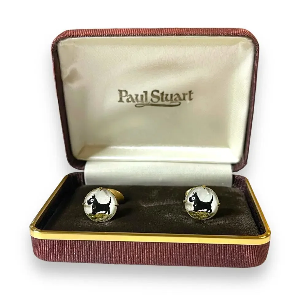 Vintage Paul Stuart 40s Cufflinks Mens Reverse Painted Convex Glass Scottie Dogs